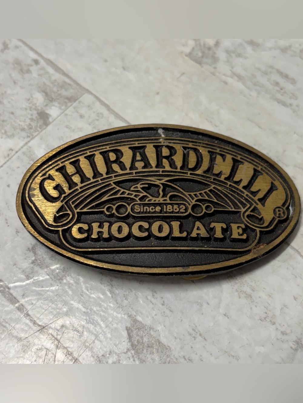 GHIRARDELLI CHOCOLATE Solid Brass Belt Buckle Vintage Dyne Buckle USA RARE